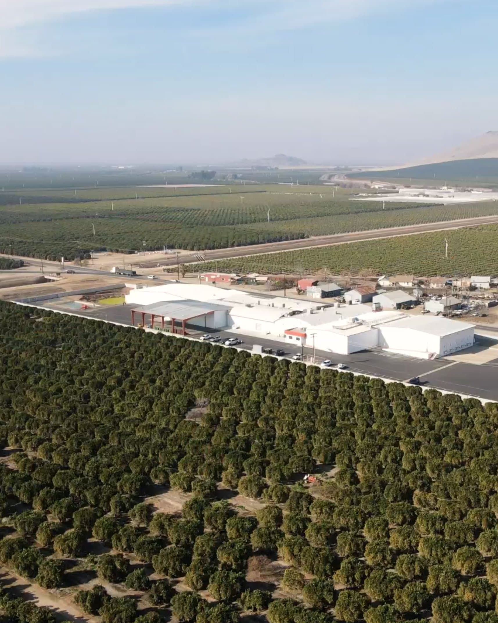 Aerial drone view of the 7 Points cultivation facility in Woodlake, CA
